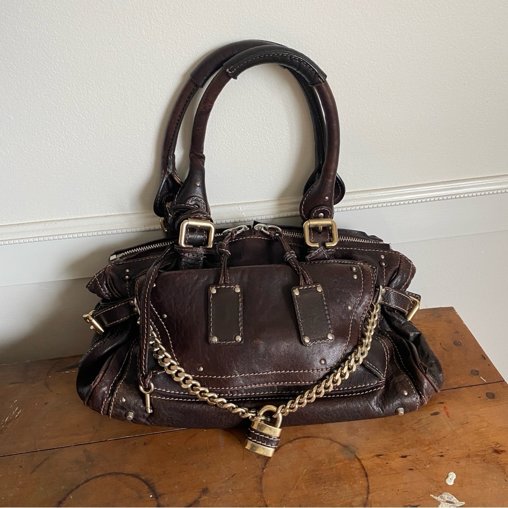 Chloe Paddington Vintage Dark Brown Leather Shoulder Bag Purse Gold Chain Lock